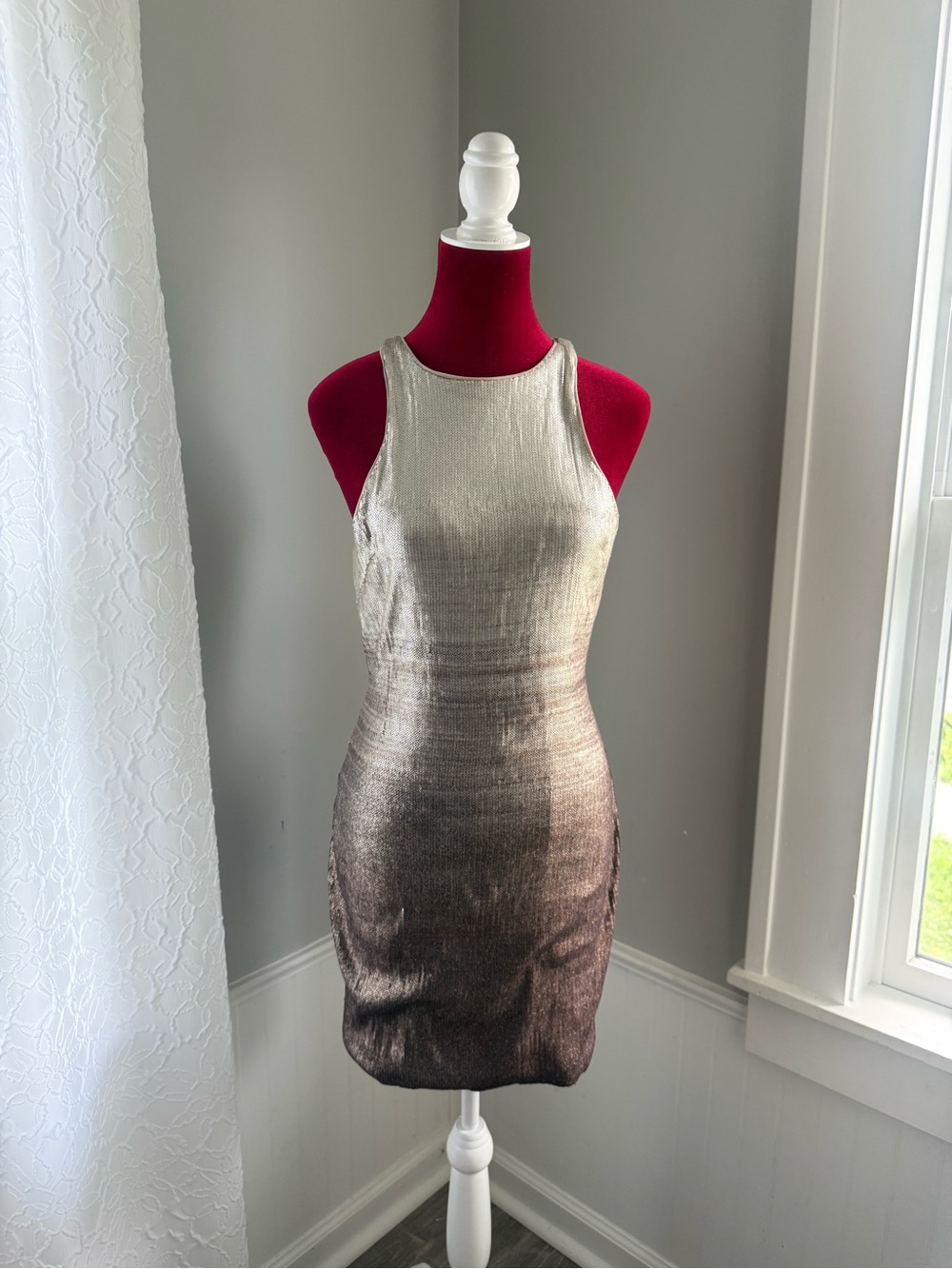 Halston Heritage Beige & Silver Sequin Tank Dress Medium
